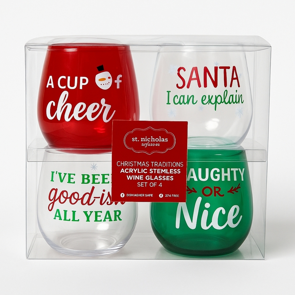 St. Nicholas Square Holiday Cheer Acrylic Christmas Stemless Wine Glass Set of 4